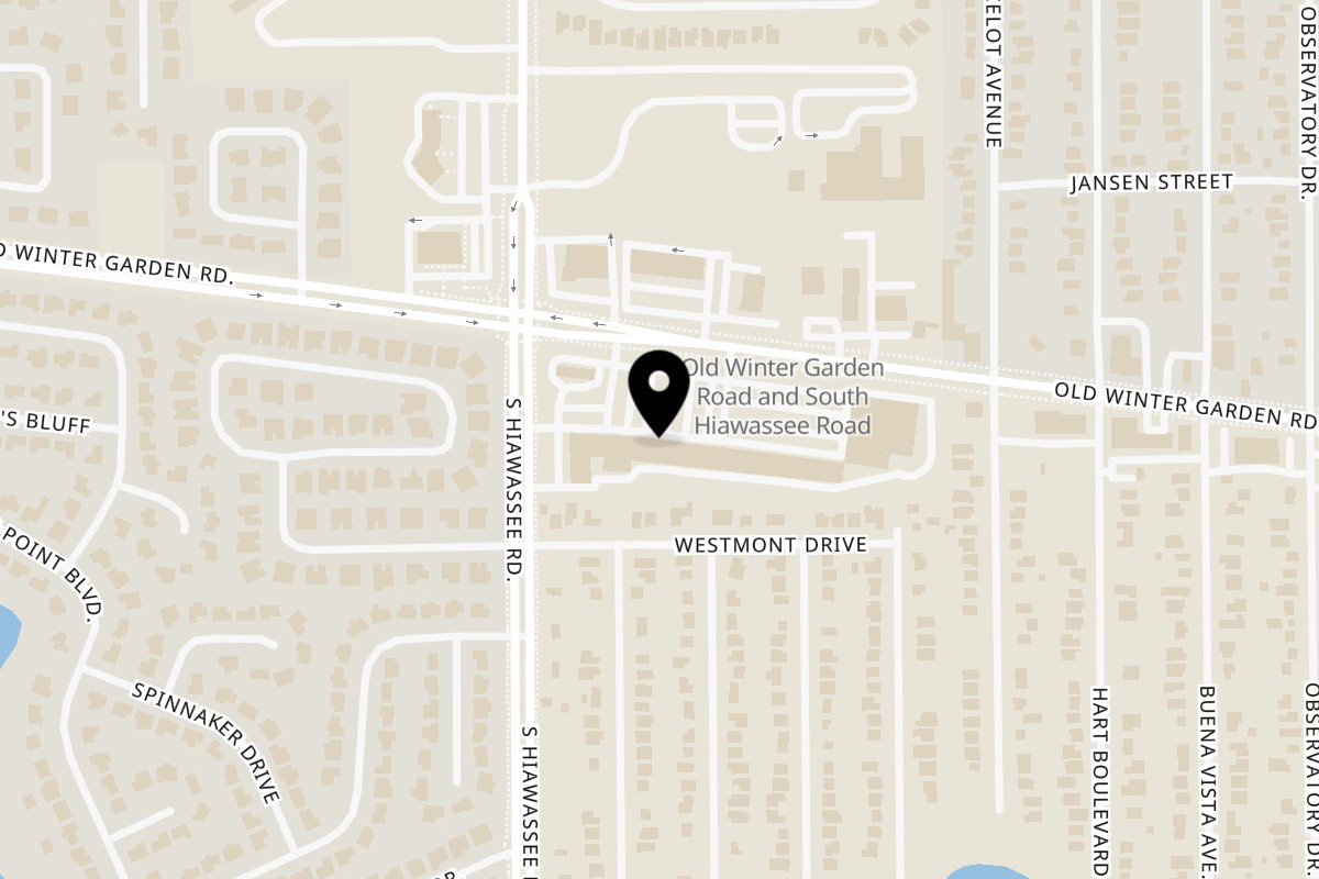 Map showing the location of O'Town Burgers N Wings on 6614 Old Winter Garden Rd in Orlando